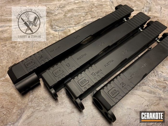 Cerakoted Glock Slides with a Graphite Black Finish by TRISTAN — close-up showing slide finish/coating, representing build, finish, and durability
