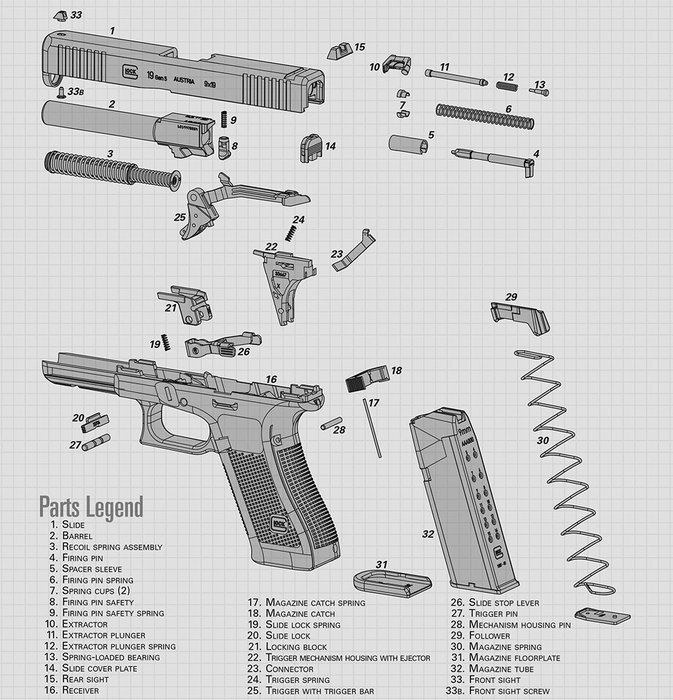 Exploded-view diagram of a Glock 19 Gen5 showing individual parts — ideal for identifying components, troubleshooting common issues, and guiding repairs/maintenance.