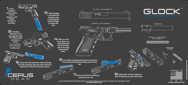 Glock Disassembly Instructional Gun Cleaning Mat — diagrammed cleaning/takedown mat illustrating maintenance and field-stripping procedures, relevant to durability and maintenance/QC topics.