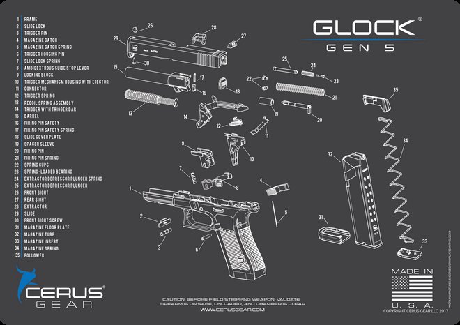 Glock Gen 5 Parts Diagram Schematic ProMat Cleaning Mat — a parts diagram/professional cleaning mat ideal for field stripping, cleaning, and long-term maintenance guidance