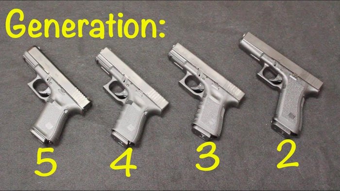 Glock 19 Gen 5 vs Gen 4 vs Gen 3 (YouTube thumbnail showing a clear side-by-side visual comparison of the three Glock 19 generations)