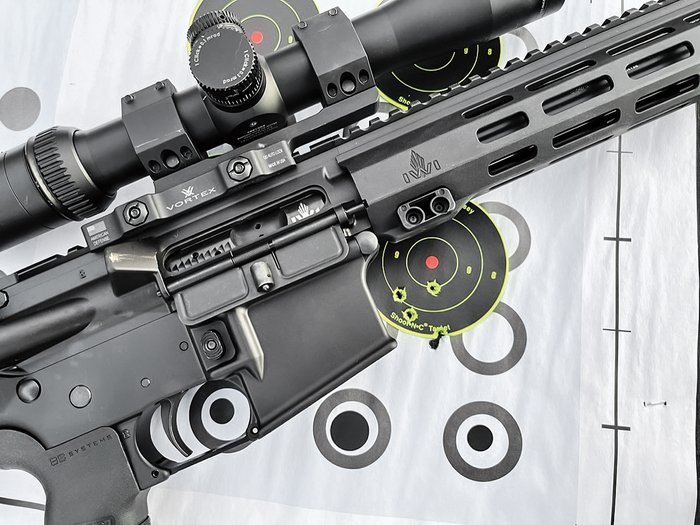IWI Zion-15 SBR – On Target Magazine (target grouping image), showing target practice/accuracy testing likely illustrating 5.56 NATO accuracy results.