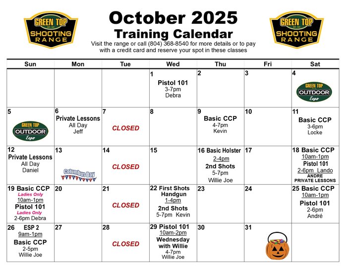 Training Classes banner from GreenTop Shooting Range—visual promoting scheduled training sessions, suitable for illustrating how often beginners should train (class/schedule emphasis).