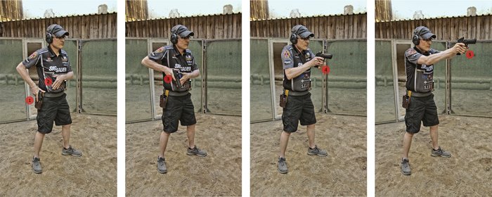Sequential photos illustrating the draw process and pistol presentation from the holster (dynamic draw/holster work).