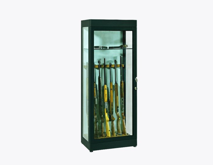 SP 3 Linea Glass secure rifle display case showing multiple rifles behind glass — evokes retail/used-market gun shop display for buying/pricing context.